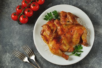 Spatchcocked barbecue chicken with spices and garlic