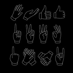 Set of doodle textured hands showing different signs