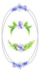 Frame with blue hydrangeas and 2 floral compositions on a white  background. Hand painted in watercolor.