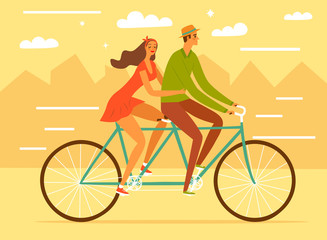 Happy cartoon pair in love riding a bicycle in the city.