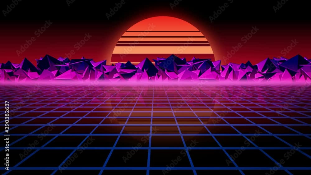 Poster retro futuristic background. motion in virtual space against the background of stars and rocks. loop