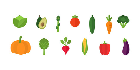 Vegetables set on white background. Fresh organic vegetables. Set of natural crops, vegetarian products, fresh healthy food. Vector illustration