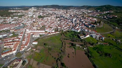 Aerial. Historic Spanish village Jerez de los Caballeros filmed from the sky