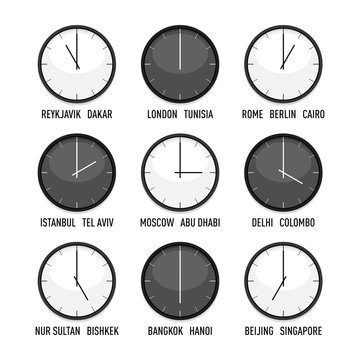 Set of clocks for every timezone vector icon set. 9 time zones for eastern hemisphere. Isolated illustration on white background