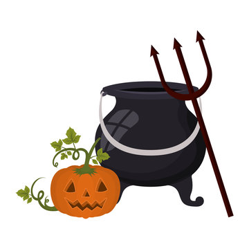halloween pumpkin with face and cauldron