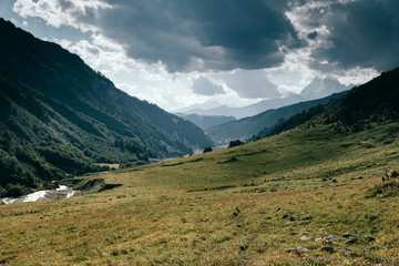 Fototapeta na wymiar The mountain village of Adishi. Location Upper Svaneti, Georgia country, Europe. Main Caucasian ridge.