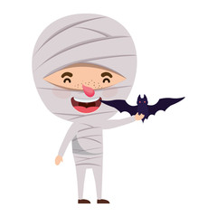cute little boy with mummy costume and bat flying