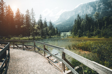 Fototapeta na wymiar Famous lake Hintersee. Location resort Ramsau, National park Berchtesgadener Land, Upper Bavaria, Germany Alps, Europe.