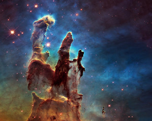 Somewhere in space near Pillars of creation. Science fiction. Elements of this image were furnished by ESA - obrazy, fototapety, plakaty