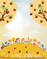 Vector landscapes of Countryside in autumn,Panoramic of cute cartoon village in mid autumn with field, mountains, wild flower and apples trees in yellow foliage. fall season background