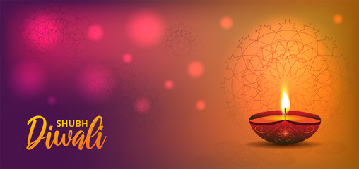 Website header or banner design with realistic oil lamp on purple and yellow background for Diwali Festival celebration.