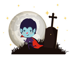 cute little boy with dracula costume in cemetery