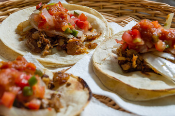 Mexican carnitas tacos, traditional food of Michoacán