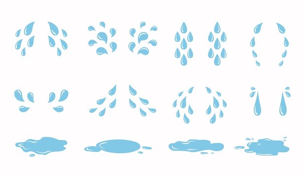 Cartoon tear drops and puddles set. Sorrow weeping cry streams, tear blob or sweat drop. eyes tears or rain droplets