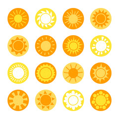 Cartoon sun collection. Yellow sun icons set isolated on white. Sun pictogram, summer symbol for website design, web button, mobile app.