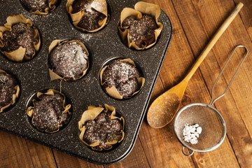Baking tin with a tasty chocolate muffins