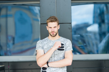 Fototapeta premium Beard grooming barbershop. Skincare and male beauty concept. Modern people. Bearded hipster. Bearded man urban style. Man stylish hair and healthy young skin. Guy unshaven bearded face and mustache