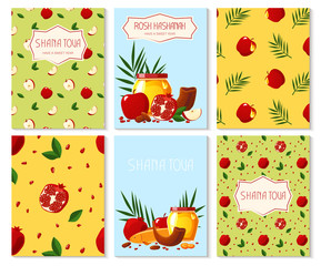 Shana Tova. Set of new year banners with honey, shofar, apple, pomegranate, fish, carrot, palm. Happy New Year in Israeli.