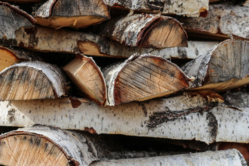 Sawn logs of birch forestry.  Woodpile, firewood.