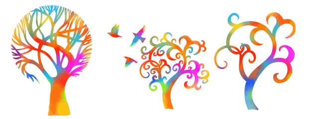 A stylized beautiful multi-colored tree with birds. Vector illustration