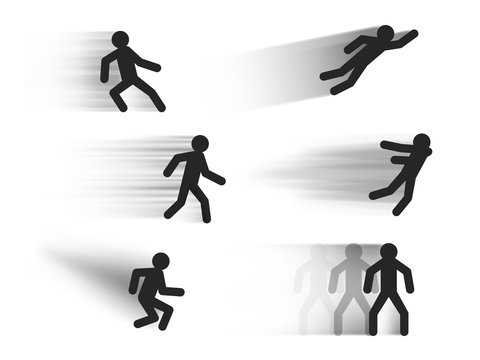 Speed lines vector templates with stick figures in various poses , dark motion blur lines illustrations isolated on white, fast movement effect vector set