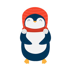 Cute penguin. Raster illustration in flat cartoon style