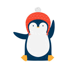Cute penguin. Raster illustration in flat cartoon style
