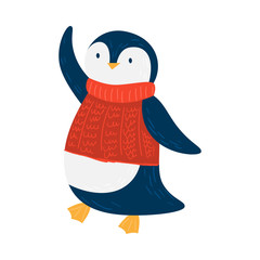 Cute penguin. Raster illustration in flat cartoon style