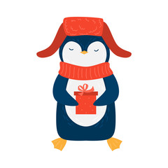 Cute penguin with a gift. Raster illustration in flat cartoon style