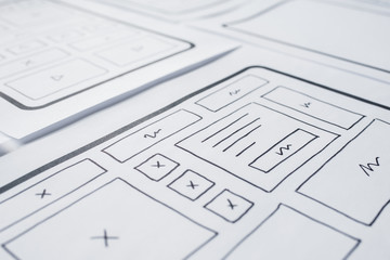 UX website design wireframe. Sketch, prototype, framework, layout future design project. UI/UX - user interface, user experience designer. Creative concept for web design studio. Website development
