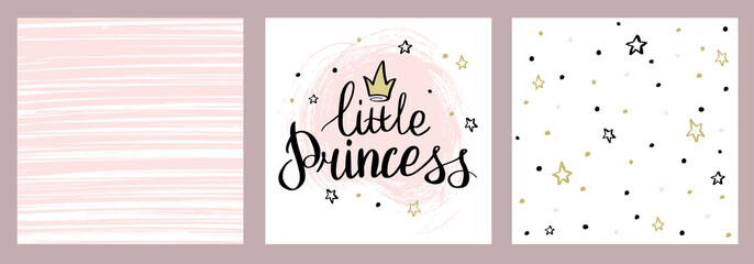 Set of cute cards with backgrounds and lettering little princess. Baby cards or baby girls invitations for a children's album.