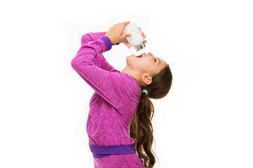 Healthy lifestyle. Food supplement. Health care. Take vitamin supplements. Girl hold medicines...