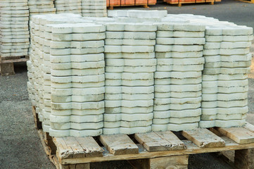 Tiles piled in pallets warehouse paving slabs the factory for its production