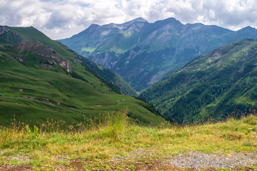 Naklejka premium Green meadow and mountainsides along Grossglockner High Alpine Road, Austria