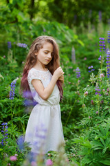 Naklejka na ściany i meble Portrait of a beautiful girl with lupines in a summer day