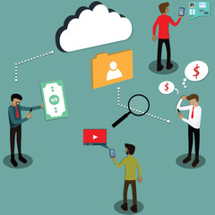 Businessman is searching for people who want to borrow money with his smartphones and data - vector