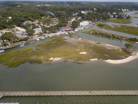 Aerial view of Murrells Inlet, South Carolina, boardwalk and pier.
