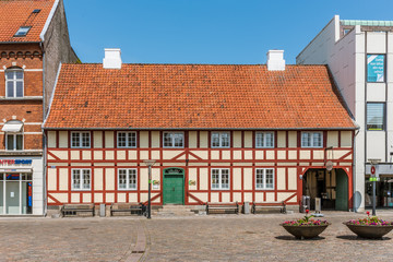 a big vintage half-timbered house at the square in Faaborg