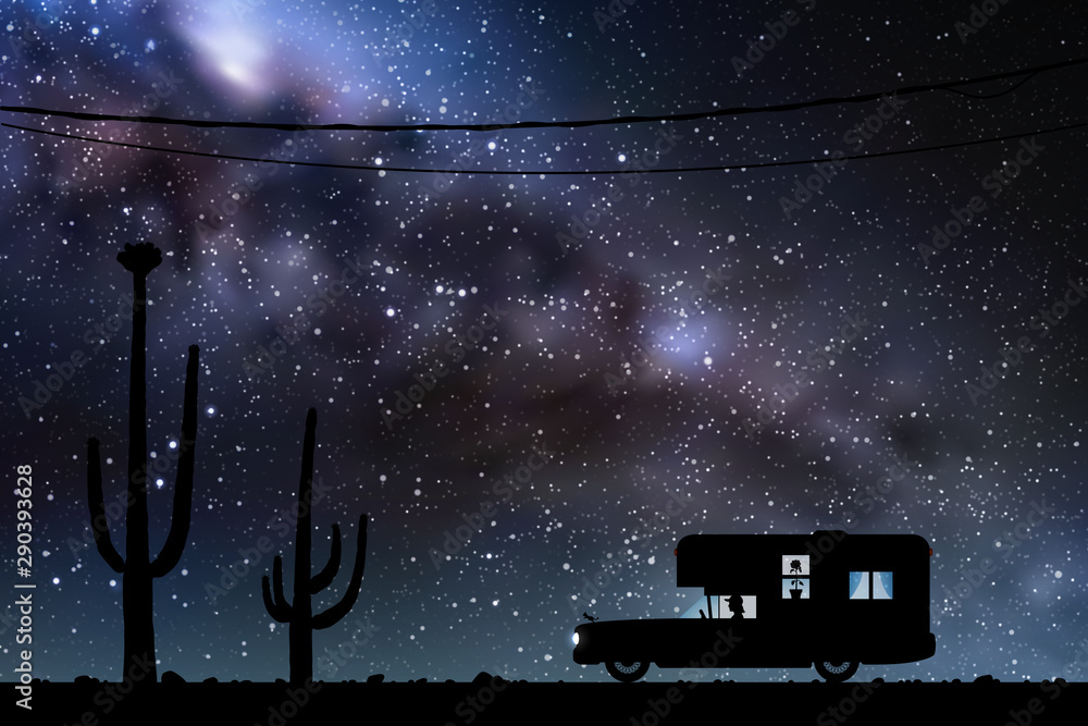 Canvas Prints cartoon retro car between cactuses on desert road at night. vector illustration with silhouettes of 