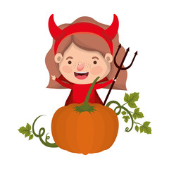 cute little girl with devil costume and pumpkin