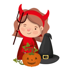 cute little girl with devil costume and pumpkin