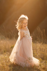 Fototapeta na wymiar Portrait of a beautiful little princess girl in a pink dress. Posing in a field at sunset