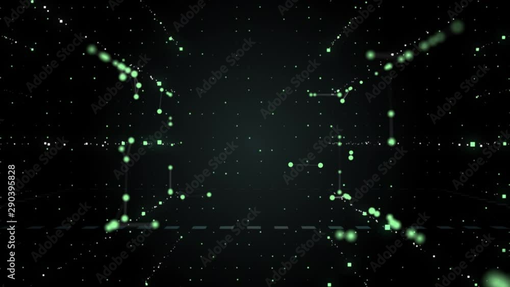 Poster creative glowing light green polygonal tunnel of sequence of dots and lines leading to the sourse pl