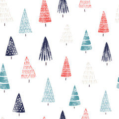 Christmas trees watercolor seamless pattern hand drawn. Decorative hand painted holiday background. Winter holiday design blue red white for fabric, gift wrap, card decoration, digital scrapbooking