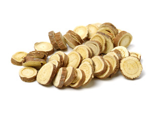 Licorice roots on white background