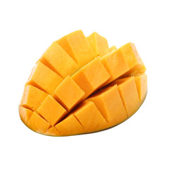 Mango slice cut to cubes close-up isolated on white background
