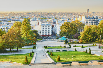 Scenic view to city roofs from famous Montmartre hill in Paris
