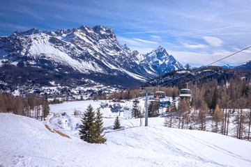Winter landscape in Dolomites at Cortina D'Ampezzo ski resort, Italy