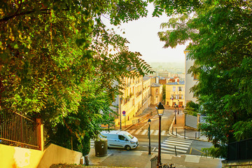 Scenic view of a street on famous Montmartre hill in Paris,