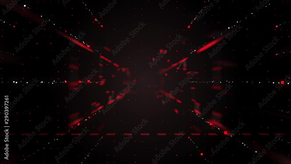 Poster abstract dynamic red square particles motion through the black space.